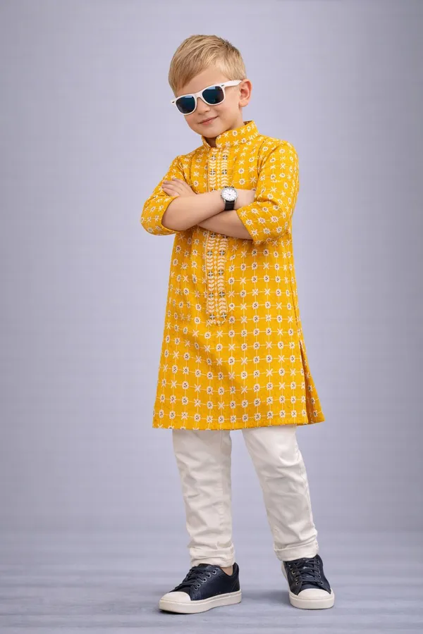 Boys_Yellow_Ethnic_Kurta_With_White_Churidar_Set