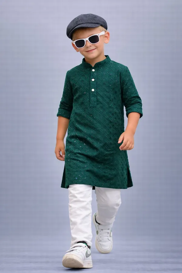 Boys_Dark_Green_Textured_Kurta_Pajama_Set