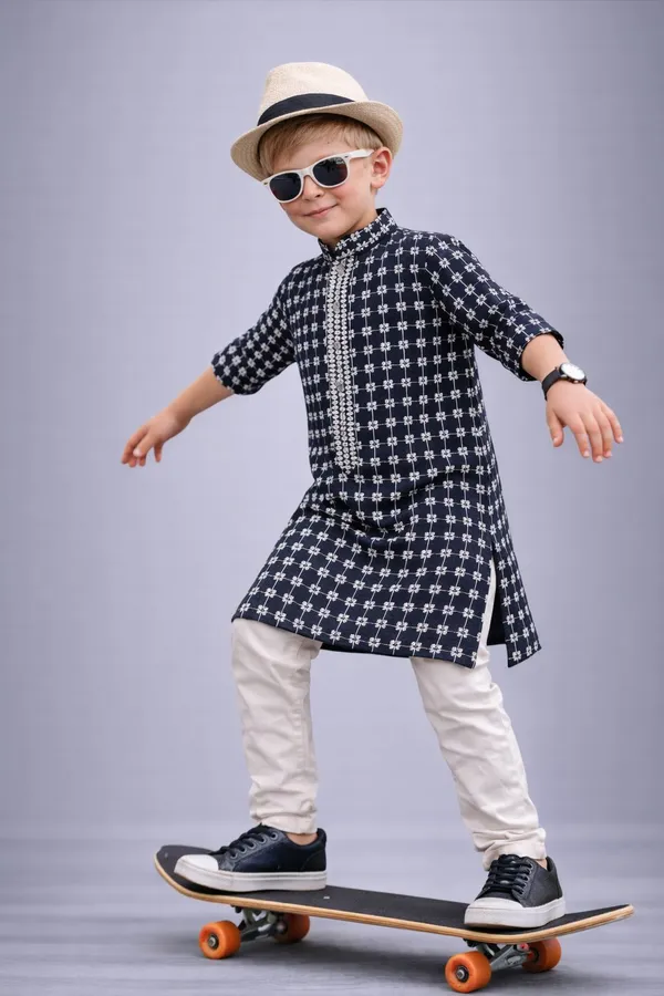 Boys_Ink_And_White_Checkered_Kurta_Set_With_White_Pants