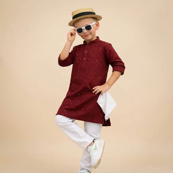Boys_Maroon_Ethnic_Kurta_With_White_Pajama_Set