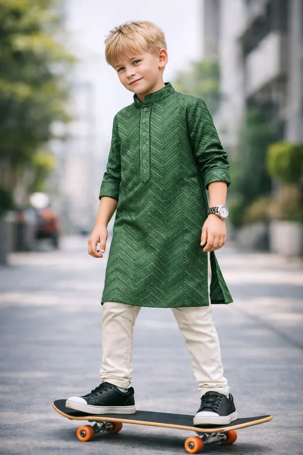 Boys_Green_Ethnic_Kurta_Set_With_Cream_Churidar