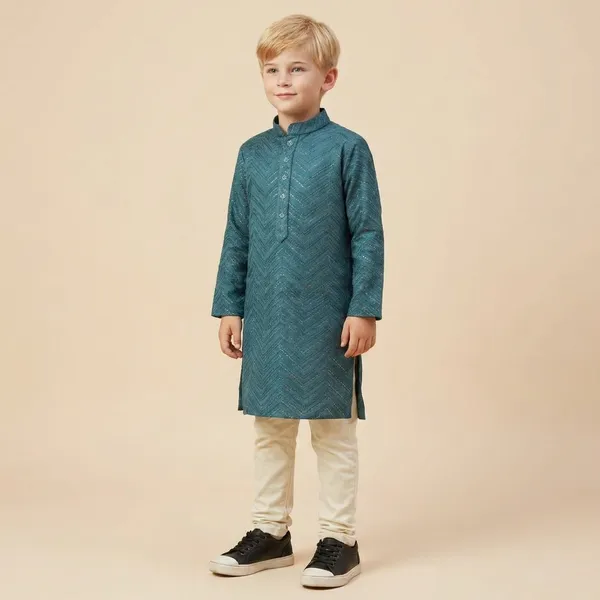 Boys_Teal_Blue_Chevron_Pattern_Kurta_With_Cream_Churidar_Set