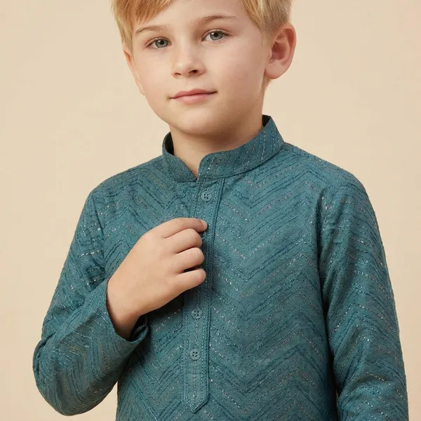 Boys_Teal_Blue_Chevron_Pattern_Kurta_With_Cream_Churidar_Set