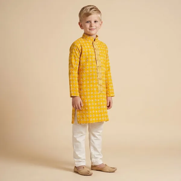 Boys_Yellow_Ethnic_Kurta_With_White_Churidar_Set
