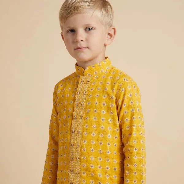 Boys_Yellow_Ethnic_Kurta_With_White_Churidar_Set