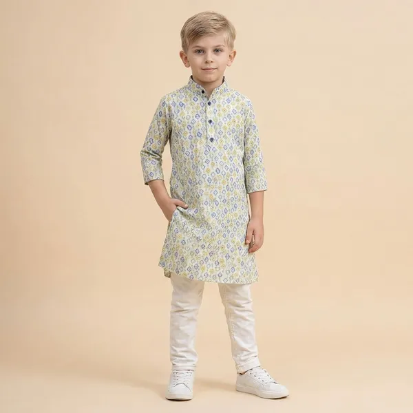 Boys_Ethnic_Kurta_Pajama_Set_With_Geometric_Print_Yellow_And_Grey
