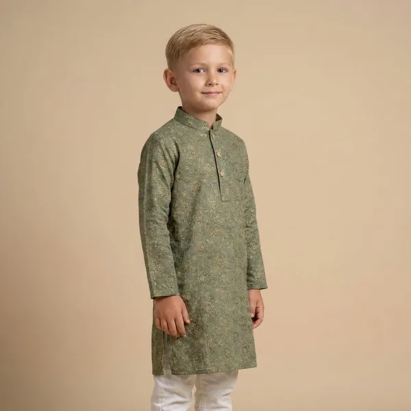 Boys_Olive_Green_Printed_Kurta_Set_With_White_Pajama