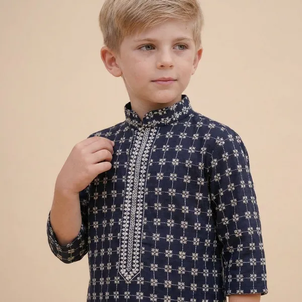 Boys_Ink_And_White_Checkered_Kurta_Set_With_White_Pants