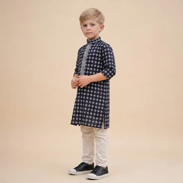 Boys_Ink_And_White_Checkered_Kurta_Set_With_White_Pants