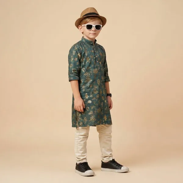 Kids_Stylish_Kurta_Set_Teal_Floral_Print