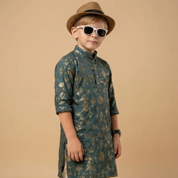 Kids_Stylish_Kurta_Set_Teal_Floral_Print