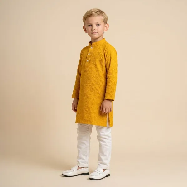 Boys_Yellow_Embroidered_Kurta_With_White_Pajama_Set