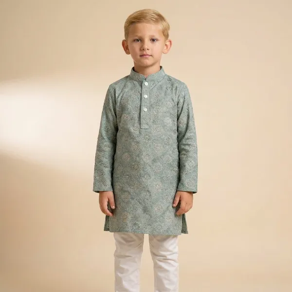 Boys_Ethnic_Kurta_Set_Green_Floral_Print_With_White_Pajama