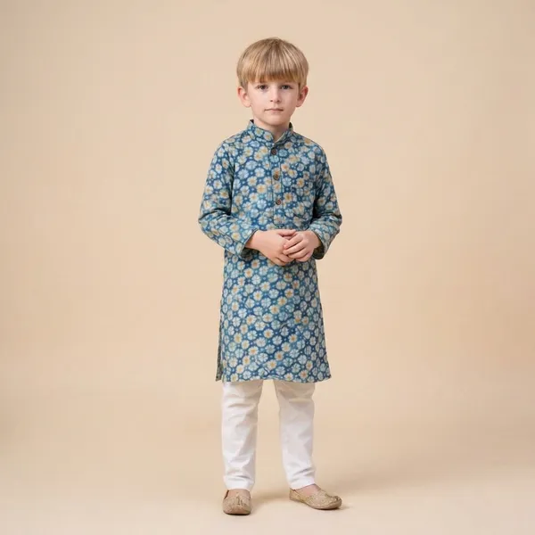 Traditional_Floral_Print_Kurta_Set_For_Boys_Blue