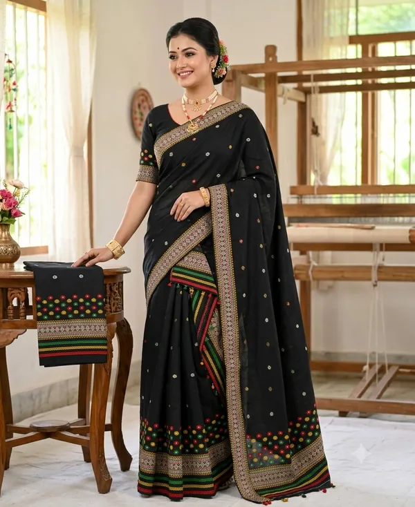 Assamese_Cotton_Mekhela_Chador_Set_Handloom_Gero_Buwa_Design_Women_Ethnic_Wear_Black