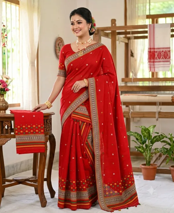 Assamese_Cotton_Mekhela_Chador_Set_Handloom_Gero_Buwa_Design_Women_Ethnic_Wear_RED