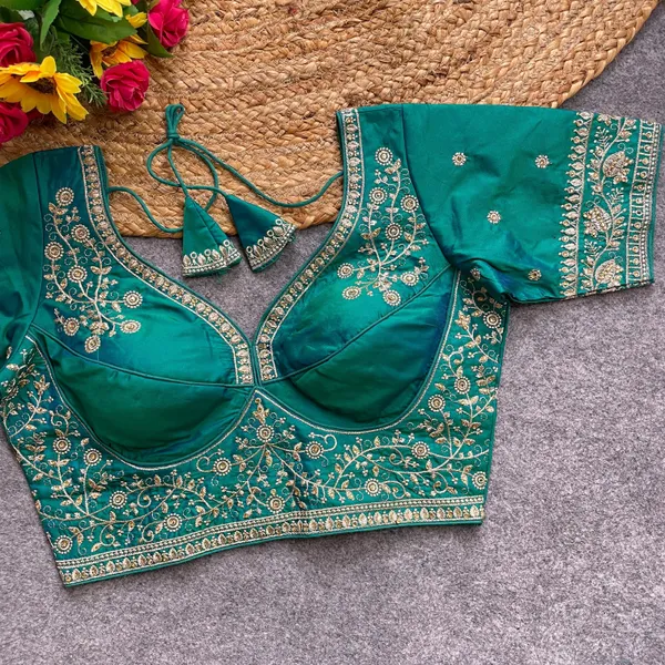 Teal_Green_Embroidered_Saree_Blouse_For_Women_And_Girls