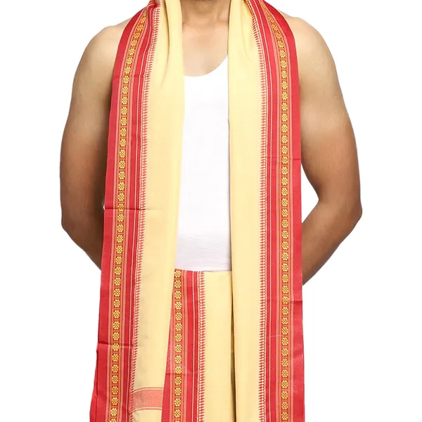 Braj_Paridhaan_Fabrics_Poly_Silk_Dhoti_Traditional_West_Bangal_Style_Indian_Dhoti_4.5_Meter_For_Men_Ethnic_Wear_For_Pooja_Wedding_Festival_Cream_Beige