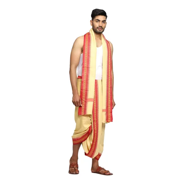 Braj_Paridhaan_Fabrics_Poly_Silk_Dhoti_Traditional_West_Bangal_Style_Indian_Dhoti_4.5_Meter_For_Men_Ethnic_Wear_For_Pooja_Wedding_Festival_Cream_Beige