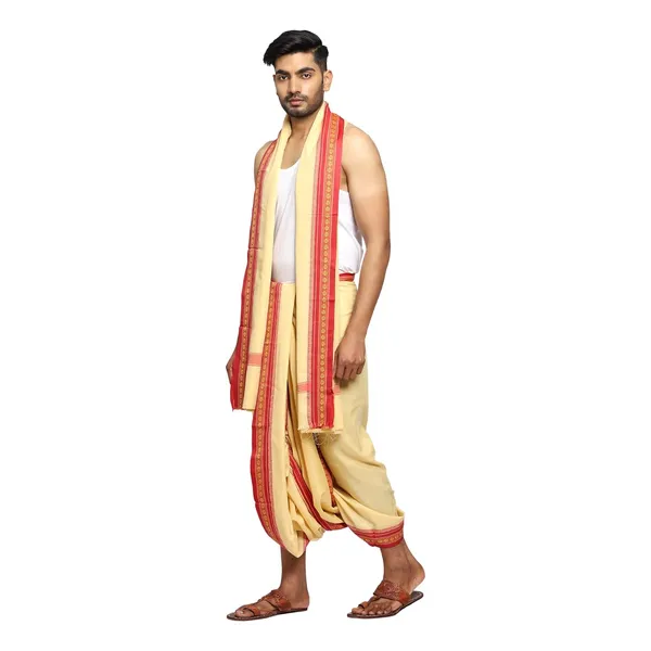 Braj_Paridhaan_Fabrics_Poly_Silk_Dhoti_Traditional_West_Bangal_Style_Indian_Dhoti_4.5_Meter_For_Men_Ethnic_Wear_For_Pooja_Wedding_Festival_Cream_Beige