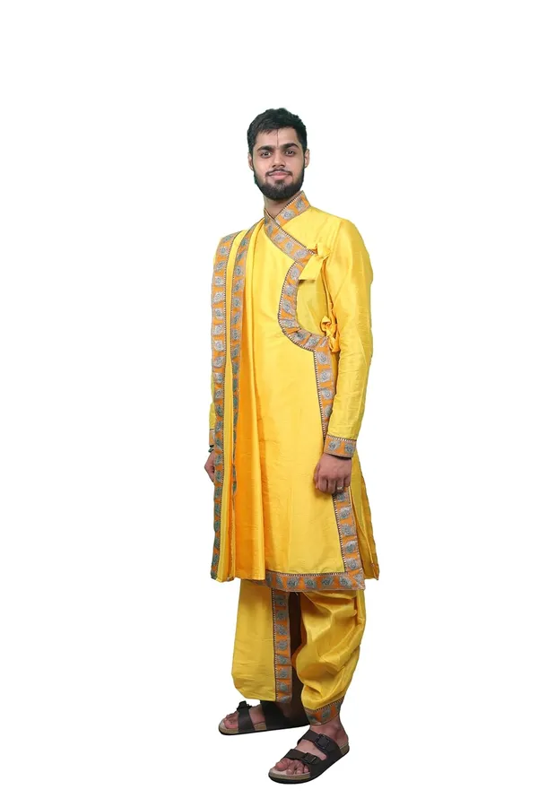 Traditionals_Dupian_Silk_Bagalbandhi_With_Readymade_Dhoti_And_Dupatta_Set_Adorned_With_Beautiful_Peacock_Feather_Borders_Mango