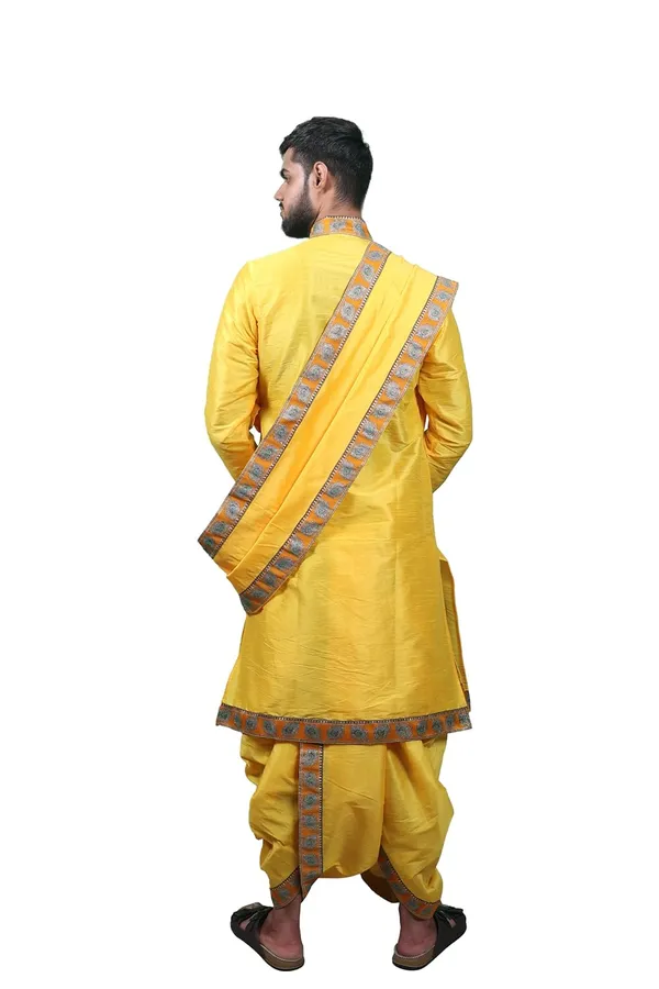 Traditionals_Dupian_Silk_Bagalbandhi_With_Readymade_Dhoti_And_Dupatta_Set_Adorned_With_Beautiful_Peacock_Feather_Borders_Mango