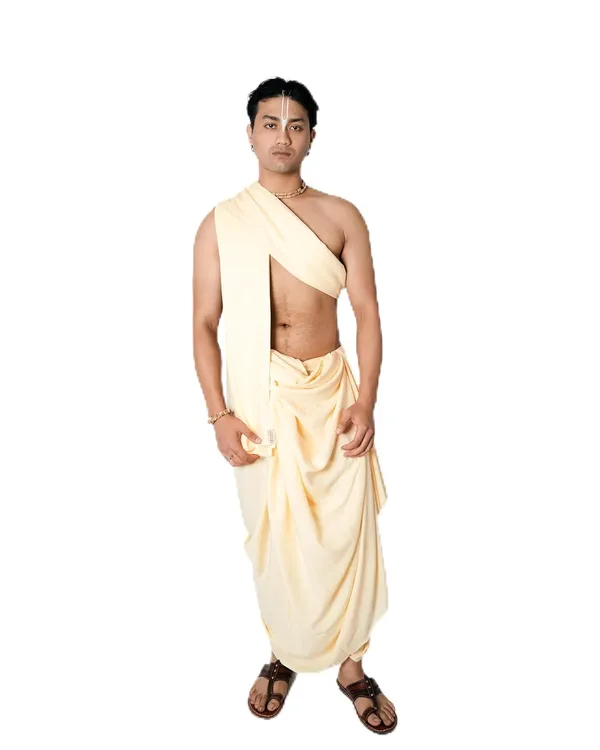 White_Pure_Cotton_Bagalpuri_Rayon_Dhoti_Dupatta_Set_Crafted_Without_Borders_Some_Set_Is_Dedicated_To_That_Very_Sentiment_Premanand_Maharaj_And_Iskon_Temple