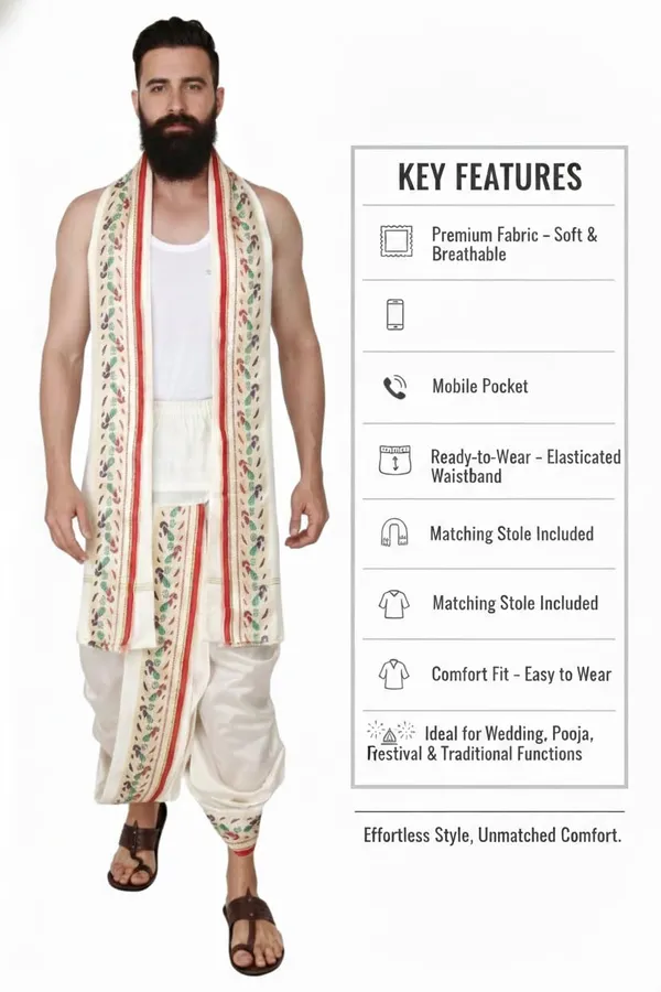 Men_Readymade_Dhoti_With_Angavastram_Set_Peacock_Border_Art_Silk_Fabric_Ready_To_Wear_Dhoti_With_Agvastram_Indian_Vrindavan_Style_Dhoti_Set_For_Men_Ethnic_Wear_For_Wedding_Pooja