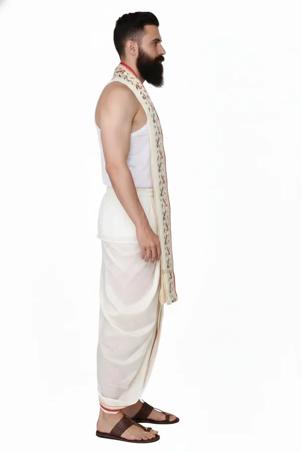 Men_Readymade_Dhoti_With_Angavastram_Set_Peacock_Border_Art_Silk_Fabric_Ready_To_Wear_Dhoti_With_Agvastram_Indian_Vrindavan_Style_Dhoti_Set_For_Men_Ethnic_Wear_For_Wedding_Pooja