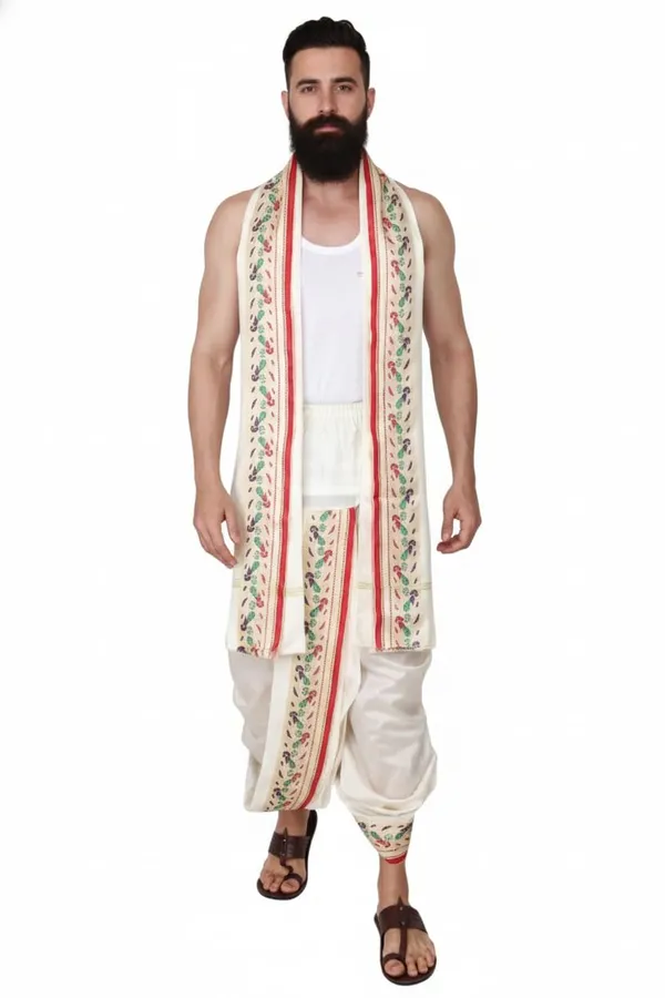 Men_Readymade_Dhoti_With_Angavastram_Set_Peacock_Border_Art_Silk_Fabric_Ready_To_Wear_Dhoti_With_Agvastram_Indian_Vrindavan_Style_Dhoti_Set_For_Men_Ethnic_Wear_For_Wedding_Pooja