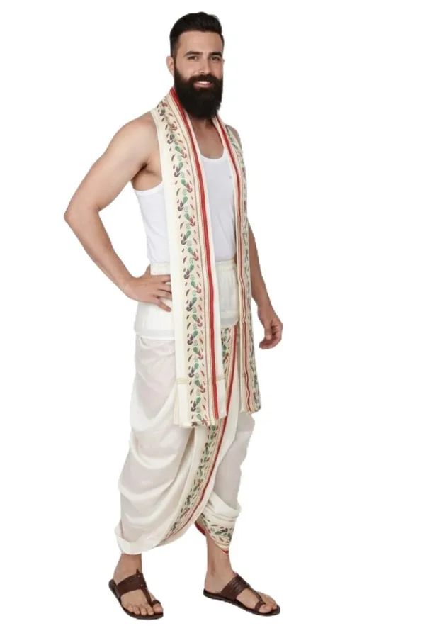 Men_Readymade_Dhoti_With_Angavastram_Set_Peacock_Border_Art_Silk_Fabric_Ready_To_Wear_Dhoti_With_Agvastram_Indian_Vrindavan_Style_Dhoti_Set_For_Men_Ethnic_Wear_For_Wedding_Pooja