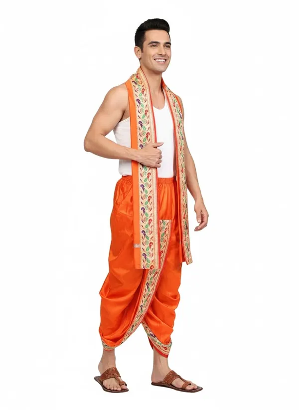 Men_Readymade_Dhoti_With_Angavastram_Set_Art_Silk_Ready_To_Wear_Dhoti_With_Elastic_Waist_South_And_North_Indian_Veshti_Mundu_Set_For_Men_Ethnic_Wear_For_Wedding_Pooja