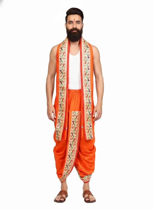 Men_Readymade_Dhoti_With_Angavastram_Set_Art_Silk_Ready_To_Wear_Dhoti_With_Elastic_Waist_South_And_North_Indian_Veshti_Mundu_Set_For_Men_Ethnic_Wear_For_Wedding_Pooja