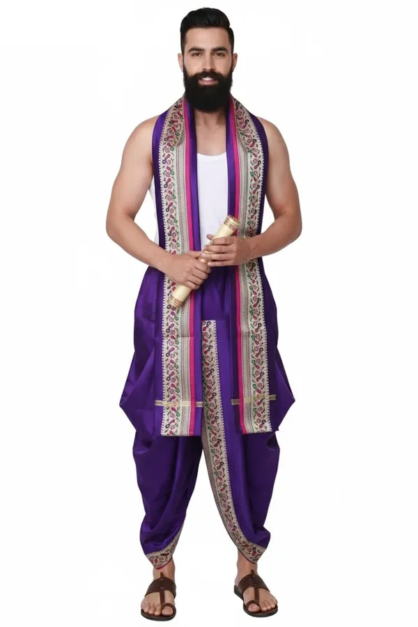 Men_Readymade_Peacock_Border_Dhoti_With_Unstitched_Agvastram_For_Pooja,_Stitched_Adjustable_Elastic_Waist_Dhoti_Pant_Ready_To_Wear_Art_Silk_Dhoti_Traditional_Wedding_Temple_Wear_For_Men