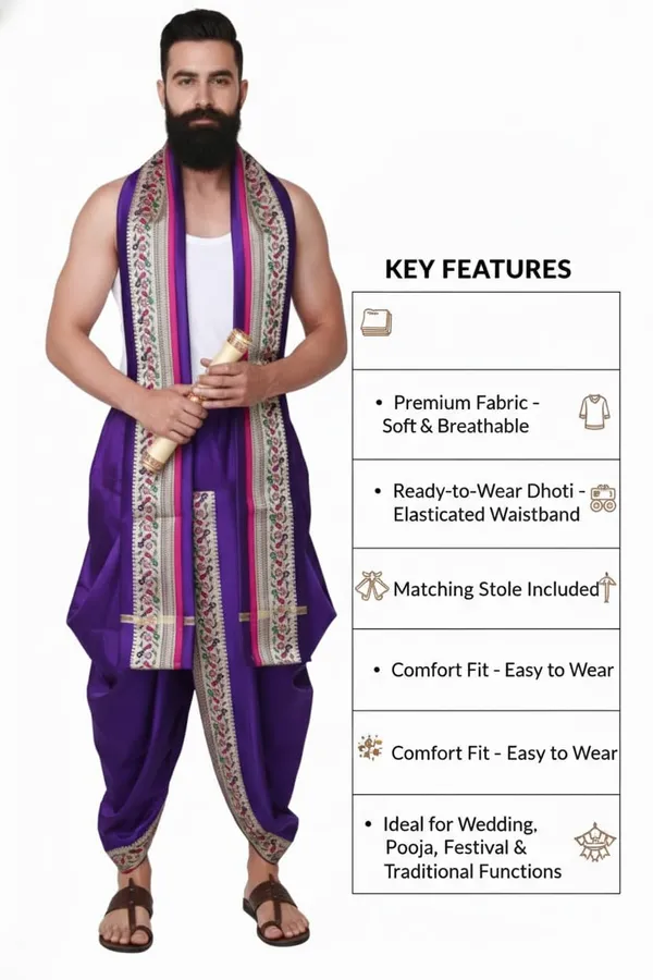 Men_Readymade_Peacock_Border_Dhoti_With_Unstitched_Agvastram_For_Pooja,_Stitched_Adjustable_Elastic_Waist_Dhoti_Pant_Ready_To_Wear_Art_Silk_Dhoti_Traditional_Wedding_Temple_Wear_For_Men