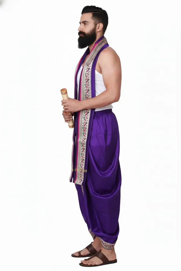 Men_Readymade_Peacock_Border_Dhoti_With_Unstitched_Agvastram_For_Pooja,_Stitched_Adjustable_Elastic_Waist_Dhoti_Pant_Ready_To_Wear_Art_Silk_Dhoti_Traditional_Wedding_Temple_Wear_For_Men