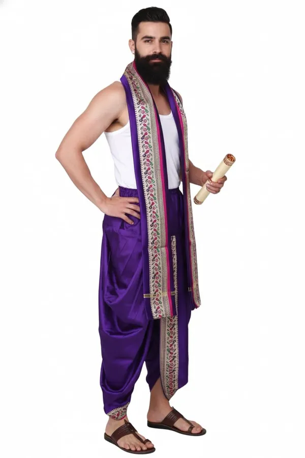 Men_Readymade_Peacock_Border_Dhoti_With_Unstitched_Agvastram_For_Pooja,_Stitched_Adjustable_Elastic_Waist_Dhoti_Pant_Ready_To_Wear_Art_Silk_Dhoti_Traditional_Wedding_Temple_Wear_For_Men