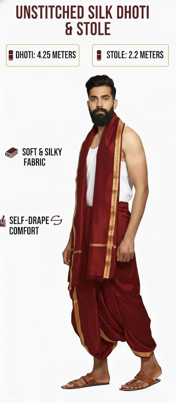 Men_Art_Silk_Unstitched_Dhoti_With_Angavastram_4.25_Meter_Traditional_South_Indian_White_Silk_Dhoti_Set_For_Wedding_Pooja_Temple_Wear