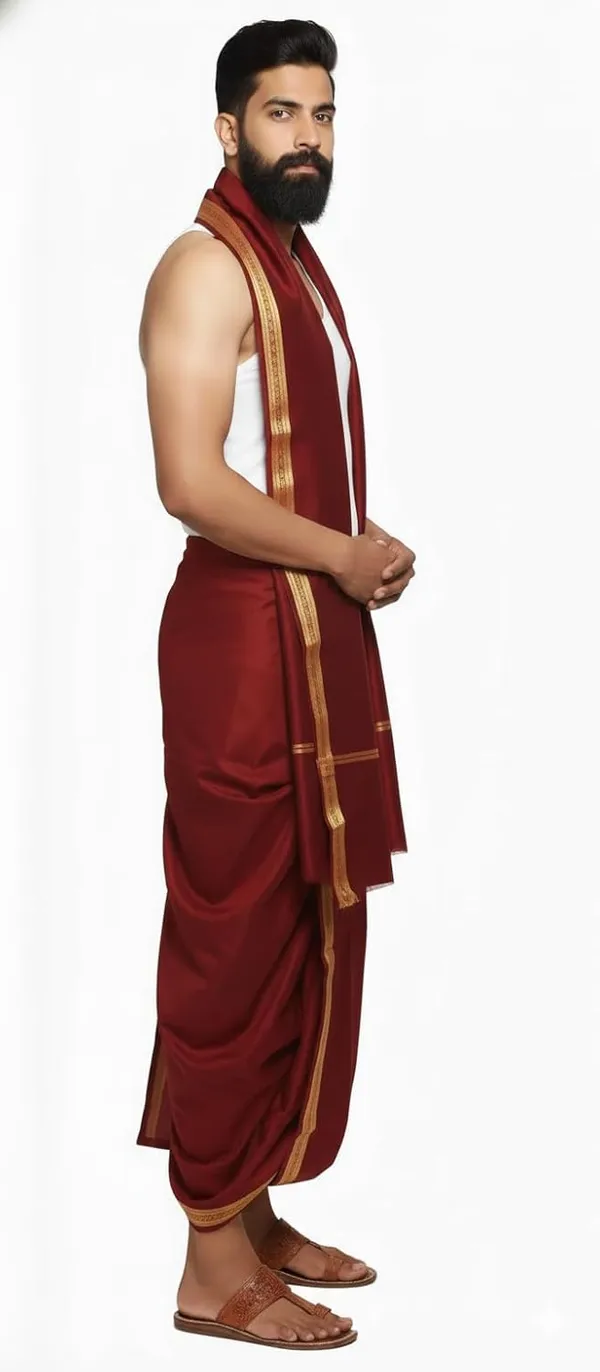 Men_Art_Silk_Unstitched_Dhoti_With_Angavastram_4.25_Meter_Traditional_South_Indian_White_Silk_Dhoti_Set_For_Wedding_Pooja_Temple_Wear