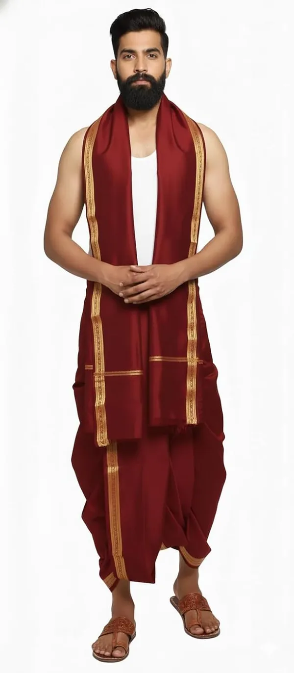 Men_Art_Silk_Unstitched_Dhoti_With_Angavastram_4.25_Meter_Traditional_South_Indian_White_Silk_Dhoti_Set_For_Wedding_Pooja_Temple_Wear