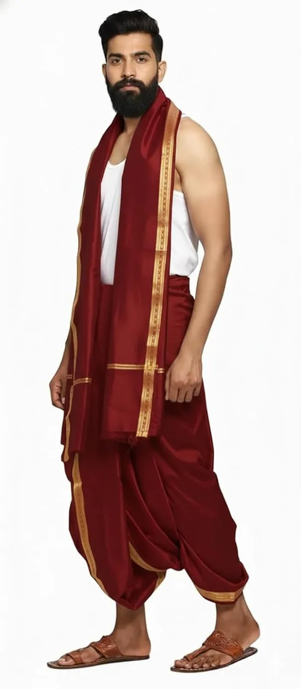 Men_Art_Silk_Unstitched_Dhoti_With_Angavastram_4.25_Meter_Traditional_South_Indian_White_Silk_Dhoti_Set_For_Wedding_Pooja_Temple_Wear