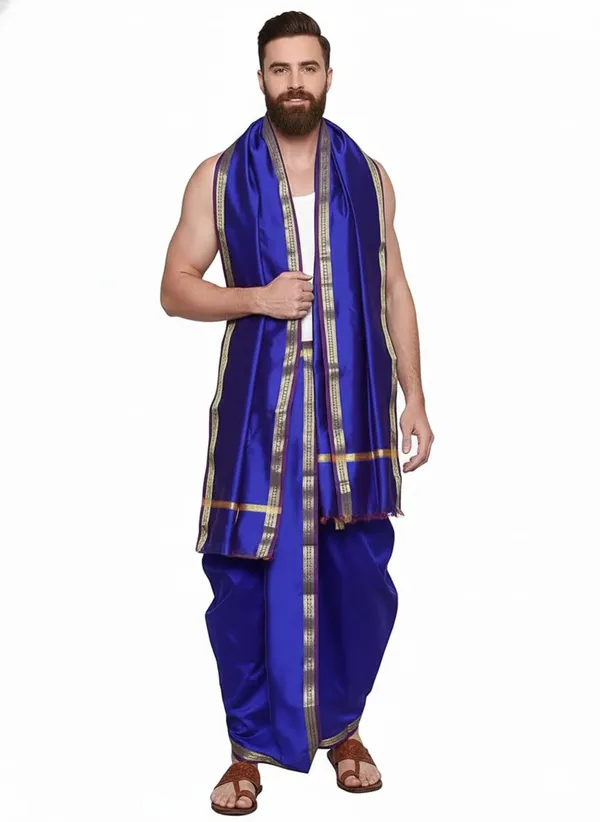Men_Art_Silk_Unstitched_Rudraksh_Border_Dhoti_With_Angavastram_4.25_Meter_And_2.25_Meter_Traditional_South_And_North_Indian_White_Silk_Dhoti_Set_For_Wedding_Pooja_Temple_Wear