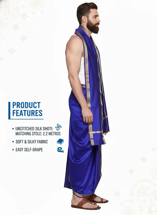 Men_Art_Silk_Unstitched_Rudraksh_Border_Dhoti_With_Angavastram_4.25_Meter_And_2.25_Meter_Traditional_South_And_North_Indian_White_Silk_Dhoti_Set_For_Wedding_Pooja_Temple_Wear