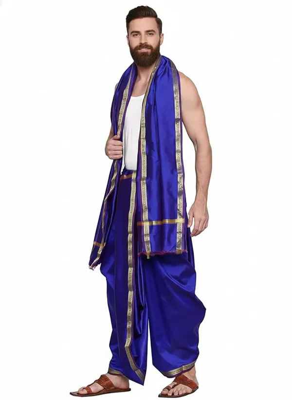 Men_Art_Silk_Unstitched_Rudraksh_Border_Dhoti_With_Angavastram_4.25_Meter_And_2.25_Meter_Traditional_South_And_North_Indian_White_Silk_Dhoti_Set_For_Wedding_Pooja_Temple_Wear