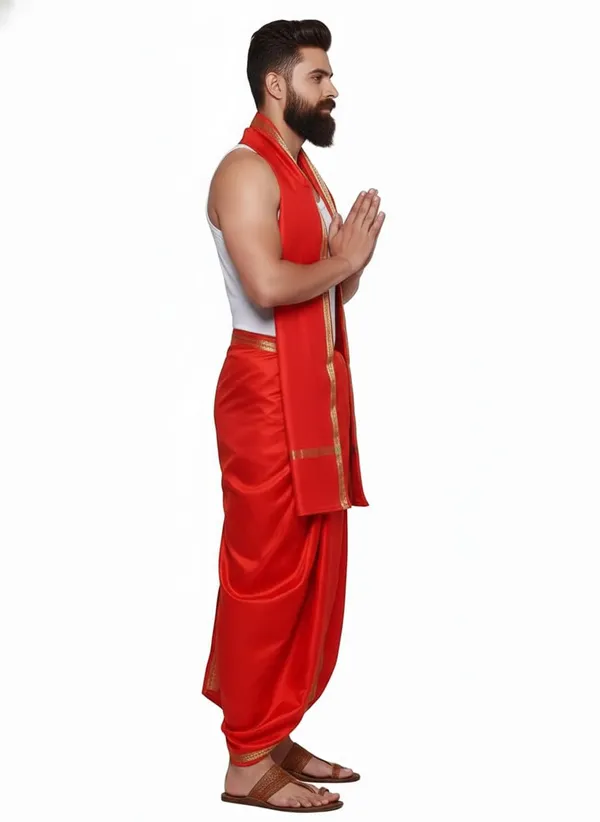 Men_Art_Silk_Unstitched_Dhoti_With_Angavastram_4.25_Meter_And_2.25_Meter_Traditional_South_Indian_White_Silk_Dhoti_Set_For_Wedding_Pooja_Temple_Wear