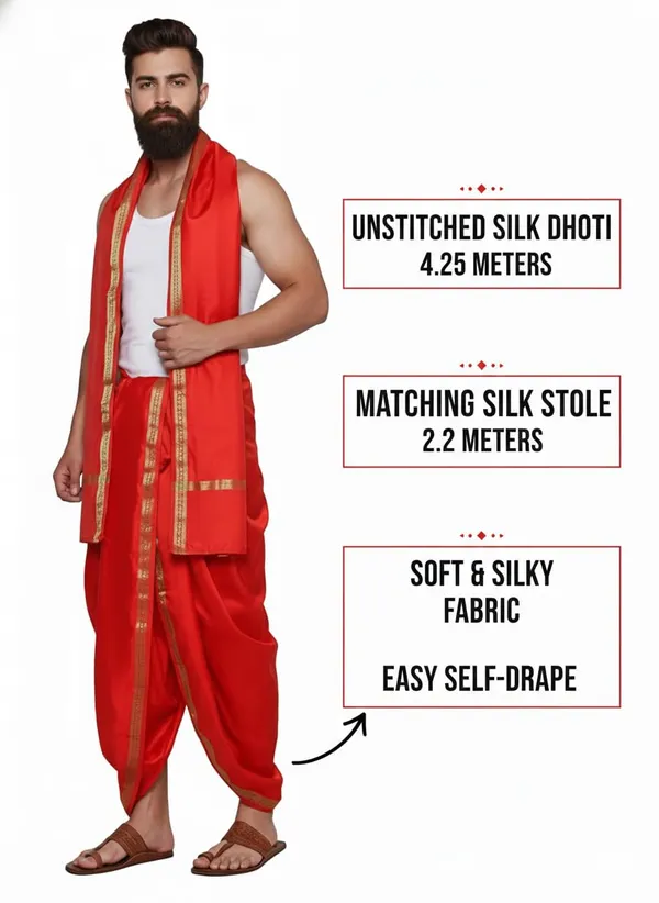 Men_Art_Silk_Unstitched_Dhoti_With_Angavastram_4.25_Meter_And_2.25_Meter_Traditional_South_Indian_White_Silk_Dhoti_Set_For_Wedding_Pooja_Temple_Wear