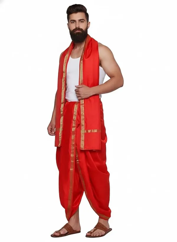 Men_Art_Silk_Unstitched_Dhoti_With_Angavastram_4.25_Meter_And_2.25_Meter_Traditional_South_Indian_White_Silk_Dhoti_Set_For_Wedding_Pooja_Temple_Wear