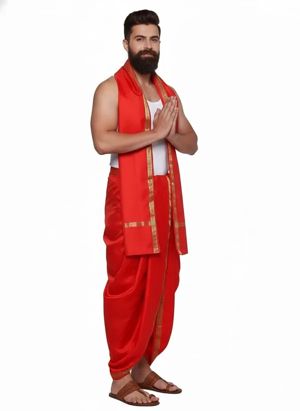 Men_Art_Silk_Unstitched_Dhoti_With_Angavastram_4.25_Meter_And_2.25_Meter_Traditional_South_Indian_White_Silk_Dhoti_Set_For_Wedding_Pooja_Temple_Wear