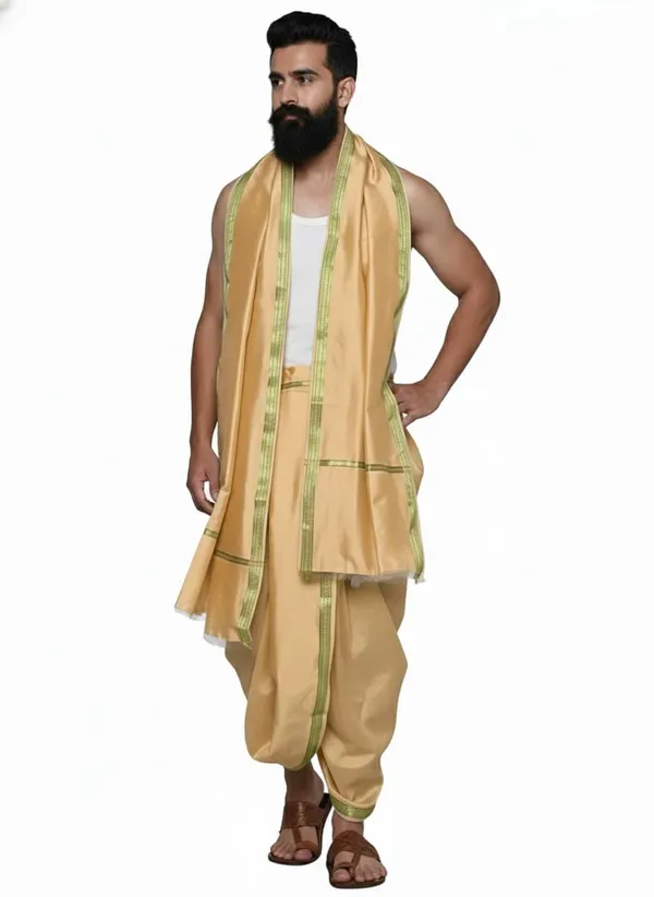 Men_Art_Silk_Unstitched_Dhoti_With_Angavastram_4.25_Meter_And_2.25_Meter_Traditional_South_Indian_White_Silk_Dhoti_Set_For_Wedding_Pooja_Temple_Wear