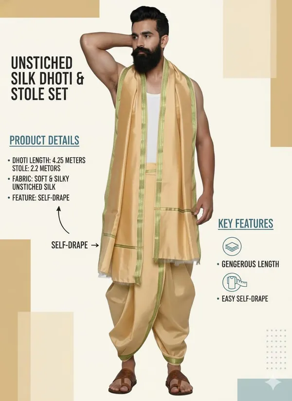 Men_Art_Silk_Unstitched_Dhoti_With_Angavastram_4.25_Meter_And_2.25_Meter_Traditional_South_Indian_White_Silk_Dhoti_Set_For_Wedding_Pooja_Temple_Wear